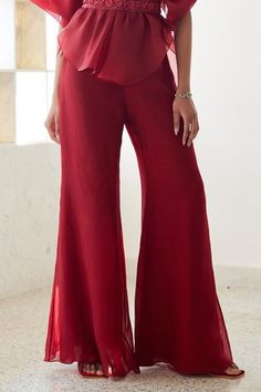 Shop for Mishru Red Iris Dramatic Sheer Pouf Top And Pant Set for Women Online at Aza Fashions Overlapping Sleeves, Fabric Pouf, Red Iris, Embroidered Tie, Embroidered Belt, Top And Pants Set, Top Pants Set, Pant Set, Set For Women