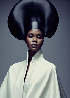 a woman with black hair and an unusual hat on her head