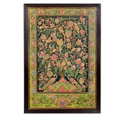 an intricately decorated painting with birds and flowers in green, pink, yellow and orange colors