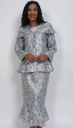 Introducing the HD Couture 5006 Church Suit, a stunning ensemble designed to bring elegance and grace to your formal wear collection. This meticulously crafted suit boasts a refined aesthetic that complements any special occasion, whether it's a church service, a formal gathering, or an elegant social event. The suit features a beautifully tailored jacket and skirt. The jacket's structured design creates a flattering, feminine silhouette, while the intricate lace detailing adds a layer of sophis Evening Sets With Fitted Long Sleeve, Evening Long Sleeve Fitted Set, Fitted Long Sleeve Evening Set, Luxury Fitted Evening Sets, Luxury Fitted Evening Set, Glamorous Tailored Wedding Suits, Evening Sets With Notch Lapel For Fall, Elegant Long Sleeve Winter Sets, Elegant Fitted Party Sets