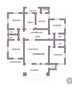 the floor plan for an apartment with three bedroom and two bathrooms, including one living room