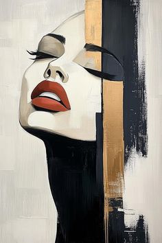 an abstract painting of a woman's face with black and white paint on it