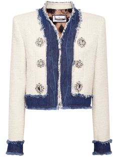 ivory white/sky blue tweed denim trim frayed detailing crystal-embellished buttons V-neck concealed front fastening shoulder pads long sleeves straight hem cropped Chanel Jacket Trims, Denim Bolero Jacket, Denim Bolero, Tweed Fashion, Embellished Buttons, Chanel Jackets, Chanel Style, Leather Outerwear, Blue Tweed