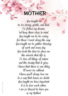 the poem for mother with pink flowers on it