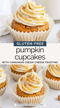 gluten - free pumpkin cupcakes with cinnamon cream cheese frosting on top