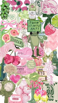 a collage of pink and green items including flowers, lemons, limeade, gin