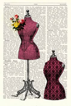 an old fashion book page with two mannequins and flowers on top of them