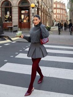 Red shoes and grey skirt look Cherry Red And Grey Outfit, Dark Grey Skirt Outfit, Gray And Red Outfit, Burgundy And Grey Outfits, Grey Skirt Outfit Winter, Red And Gray Outfit, Gray Skirt Outfit Winter, Grey Skirt Outfit, Burgundy Skirt Outfit