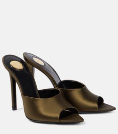 Goldie 110 crêpe satin mules in brown - Saint Laurent | Mytheresa Classic Slip-on Mules For Evening, Classic Closed Toe Mules For Evening, Classic Evening Mules With Branded Heel Counter, Classic Evening Mules With Leather Sole, Luxury Pointed Toe Mules With Padded Heel, Luxury Slides With Padded Heel, Classic Slip-on Mules For Party, Evening Mules With Removable Insole And Almond Toe, Evening Mules With Padded Heel And Almond Toe