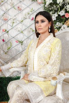 Cross Stitch | Pakistani Designer Outfit | Sarosh Salman Lemon Shirt, Net Shirt, Resham Work, Gold Pants, Designer Outfit, Pure Chiffon, Ruffled Neckline, Stylish Party Dresses, Chiffon Dupatta