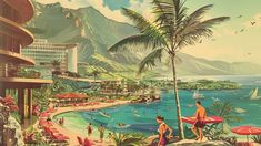 a painting of people on the beach with palm trees and buildings in the background,