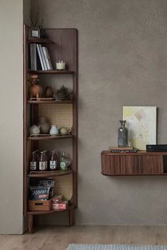 a living room with a book shelf and rug on the floor