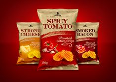 three bags of smoked potato chips on a red background with the words spicy tomato cheese