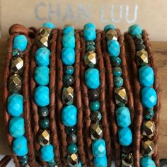 From The Chan Luu Signature Collection. The Beautifully Handcrafted Multi-Wrap Bracelet Features Strands Of Cognac Leather Surrounding An Array Of Multi-Hued, Semi-Precious, Turquoise, Magnesite, And Gold Nugget Beads. Closes With A Button Clasp And Has 3 Adjustable Size Options, (32" To 34" L). Comes With A Signature Chan Luu Fabric Gift Pouch. Turquoise Multi-strand Handmade Bracelets, Chan Luu Wrap Bracelets, Artisan Hand-wrapped Turquoise Bracelet, Handmade Turquoise Multi-strand Bracelets, Pink Quartz Bracelet, Turquoise Multi-strand Wrap Bracelet, Stretch Beaded Bracelets Diy, Multi Wrap Bracelet, Pink Wrap