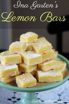 lemon bars stacked on top of each other in a green bowl with the title overlay