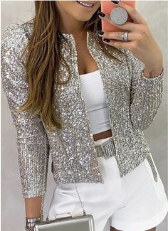 Spring Outwear, Sequin Coats, Glitter Shorts, Fashion Stand, Sequin Cardigan, Chique Outfits, Sequin Jacket, Sequin Shorts, Short Coat