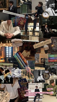 the collage shows many different books and people in various rooms, including one with a clock