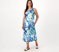 Feel the sunshine on your shoulders as you don this sleeveless tank dress. Awash in a colorful-yet-understated pattern, it's just right for a trip to your local eatery, checking out the sights at the city center, or an early evening stroll on the boardwalk during your beach vacation. From Denim & Co.® Fashions. Casual Vacation Dresses With Side Slits, Sleeveless Beach Dresses With Side Slits, Sleeveless Dresses With Side Slits For Beach Season, Sleeveless Midi Dress With Side Slits For Vacation, Casual Summer Dress With Side Slits, Sleeveless Summer Midi Dress With Side Slits, Sleeveless Summer Dresses With Side Slits, Casual Vacation Dress For Daywear, Casual Daywear Dress For Vacation