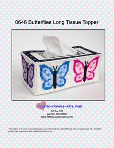 a tissue box with butterflies on it and the words,'toiletries long tissue topper