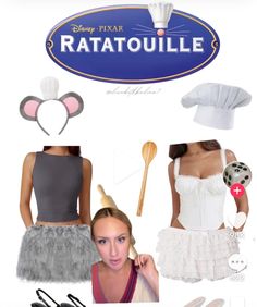 a collage of photos with mouse ears and other items in the shape of women's clothing