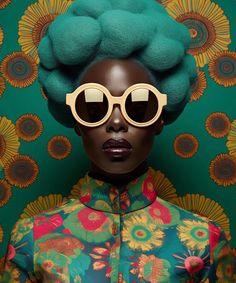 a woman with green hair and round sunglasses on her head, in front of a floral wallpaper