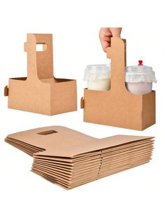 cardboard boxes are stacked on top of each other and one has a container in it