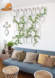 a living room filled with furniture and lots of greenery on the wall above it