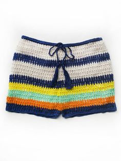 Women's Crochet Shorts | Baja Shorts | Anna Kosturova - annakosturova Multicolor Beachy Bottoms For Festival, Bohemian Drawstring Shorts For Beach Season, Crochet Beachwear Bottoms For Festival, Beachwear Crochet Bottoms For Festivals, Hippie Multicolor Shorts For Beach, Hippie Multicolor Shorts For The Beach, Hippie Multicolor Beach Shorts, Bohemian Crochet Shorts For Beach Season, Handmade Cotton Beach Bottoms