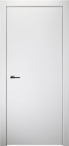 an empty white door with a black handle on it's left side and the bottom part of the door partially closed