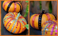 three pictures of pumpkins decorated with ribbons and beadwork, one is orange