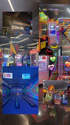 multiple images of brightly colored arcade machines in an indoor area with neon signs and advertisements