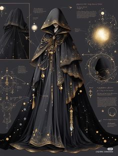 a black and gold dress with golden details on it's shoulders, hoods, and cape