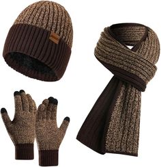 Stay warm and cozy with this Winter Soft Thermal Knit Beanie Hat, Gloves & Scarf Set. This high-quality set is made with premium thermal knit material for extra comfort and insulation. An essential set for staying warm during those cold winter days. Made of soft acrylic fibers. The Inner is Made of Soft Acrylic Knit & Artificial Fleece Lining. No Itchy Only Warm One Size Fits Most -- Knit Warm Long Scarfs for Men: The Length of the Mens Scarf is 72.4inch (184cm), Long Enough to Wear it Many Ways Fitted Beanie For Outdoor Winter Use, Warm Wool Beanie For Winter, Fitted Brown Beanie For Winter, Brown Winter Beanie For Outdoor, Cozy Brown Beanie For Winter, Brown Cozy Winter Beanie, Cozy Brown Winter Beanie, Brown Wool Beanie For Winter, Color Block Beanie