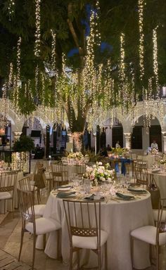 Wedding reception outdoors with tree lights Enchanted Forest Quinceanera Theme, Enchanted Forest Wedding Theme, Quince Themes, Debut Ideas, Prom Themes