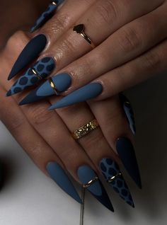 French Tips Pointy Nails, Studs On Nails, Navy Leopard Print Nails, Beyonce Nails Designs, Teal New Years Nails, Monochromatic Nail Art, Villain Era Nails, Teal And Burgundy Nails, Matt Finish Nails