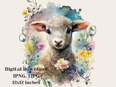 a watercolor painting of a sheep surrounded by wildflowers and flowers with the words digital download png, eps, dxf, 12x2 inches