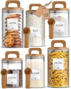 six plastic containers with different types of food in each container and labels on the lids