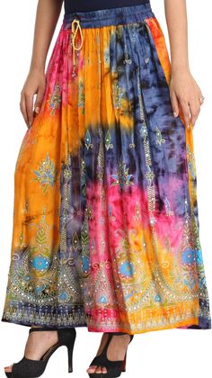 Multi Colored Cotton Long Skirt | Skirts for Women and Girls | Rayon Skirts | Embroidered Skirts | Rajasthani Skirts | Indian Skirts A perfect summer play skirt! Very light weight, and the perfect length! The sequins are sewn in with a looping machine stitch, and they are so wonderful. A fun gift idea as well.  The fabric is a Rayon and the texture of it is Crepe. The colors are really spectacular and very saturated and the little decorations really add to the tie dye design. Free expedited ship Flowy Skirt For Festive Summer Events, Traditional Summer Skirt, Festive Long Skirt For Festivals, Festive Traditional Multicolor Bottoms, Traditional Multicolor Skirt For Summer, Multicolor Embroidered Skirt For Festivals, Pink Embroidered Bohemian Skirt, Embroidered Multicolor Skirt For Festivals, Traditional Multicolor Summer Skirt