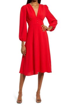 Move gracefully from day to night in this plunge-neck dress styled with puff sleeves and a drapey A-line skirt. 100% polyester Hand wash, line dry Made in the USA of imported fabric Empire Waist Dresses, Plunging Neck Dress, Empire Waist Dress, Sleeve Midi Dress, Long Sleeve Midi, Long Sleeve Midi Dress, Nordstrom Dresses, A Line Skirt, Night In