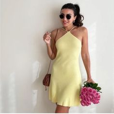 Yellow Flair Ribbed Mini Dress Chic Stretch Sundress For Day Out, Casual Halter Neck Sundress For Spring, Stretch Sundress For Summer Brunch, Summer Stretch Mini Halter Dress, Stretch Summer Mini Dress For Brunch, Summer Stretch Sundress For Brunch, Chic Stretch Sundress For Spring, Yellow Fitted Halter Dress, Stretch Sundress For Spring Vacation