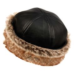 a black leather hat with faux fur trim