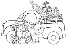 the christmas truck is full of presents and presents on it's bed, as well as reindeers