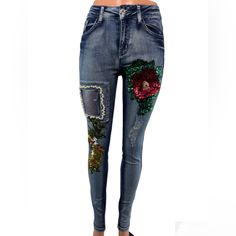 Women’s Blue Topic Decorative Rose Pearl Bling Design-Blue 75% Cotton- 23% Polyester- 2% Elastane Gold Fruit And Fancy Accents Lightweight Stretchable Material 5 Pocket Design Slim Design Decorative Glitter And Bling Distressed Look Lightweight/Stretchable Design Blue Sequined Stretch Bottoms, Sequined Straight Leg Denim Bottoms, Straight Leg Denim Sequined Bottoms, Straight Leg Denim Bottoms With Sequins, Sequin Denim Bottoms For Spring, Spring Sequined Straight Leg Jeans, Spring Sequin Straight Leg Jeans, Spring Straight Leg Sequined Jeans, Blue Denim Sequined Bottoms