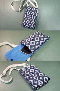 three different angles of a cell phone in a bag with strap and shoulder strap attached to it