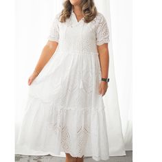 Effortless Elegance: Cal Style Nwt 100 Cotton Crisp White Eyelet Dress Made From 100% Cotton, Its Crisp White Eyelet Fabric Exudes Timeless Charm And Elegance. The Tiered Design And Scallop Trim Add Exquisite Detail While Providing A Flattering Silhouette. Perfect For Any Summer Occasion. - Timeless Design - Flattering Silhouette - Breathable Cotton Fabric - Versatile For Any Occasion - Nwt - Size Large Measurements (Approximate & Unstretched) P2p: 21” Sleeve: 14.5” Waist: 20.5” Hips: 27” Length Fitted Midi Dress With Broderie Anglaise, Fitted Short Sleeve Broderie Anglaise Midi Dress, Fitted Short Sleeve Midi Dress With Broderie Anglaise, Fitted Broderie Anglaise Midi Dress With Short Sleeves, Fitted Midi Dress With Broderie Anglaise And Short Sleeves, Fitted V-neck Midi Dress With Broderie Anglaise, Broderie Anglaise Midi Dress, Feminine Broderie Anglaise Midi Dress With Short Sleeves, Feminine Short Sleeve Midi Dress With Broderie Anglaise