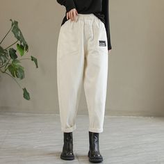 6 Beige Cotton Harem Pants For Fall, Fall Beige Cotton Harem Pants, Casual Non-stretch Cotton Work Pants, Non-stretch Cotton Casual Work Pants, White Cotton Harem Pants With Pockets, Winter Workwear Cargo Pants In Cotton, White Straight Leg Harem Pants With Pockets, High Waist Beige Cotton Harem Pants, Baggy White Bottoms For Fall