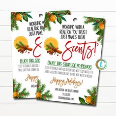 two christmas flyers with pine cones and oranges on them, one is for santa