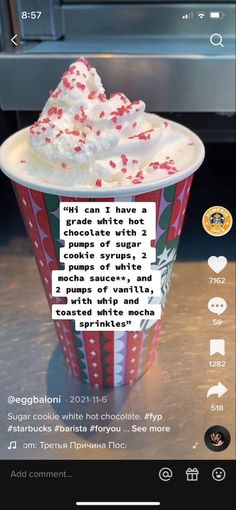 a cup filled with whipped cream and sprinkles