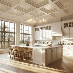 a large kitchen with white cabinets and wooden flooring next to an island in front of two windows