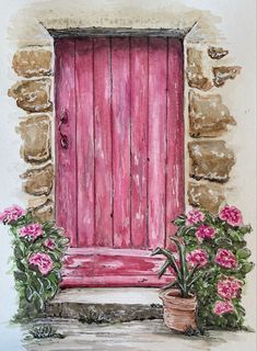 a painting of a pink door with potted flowers